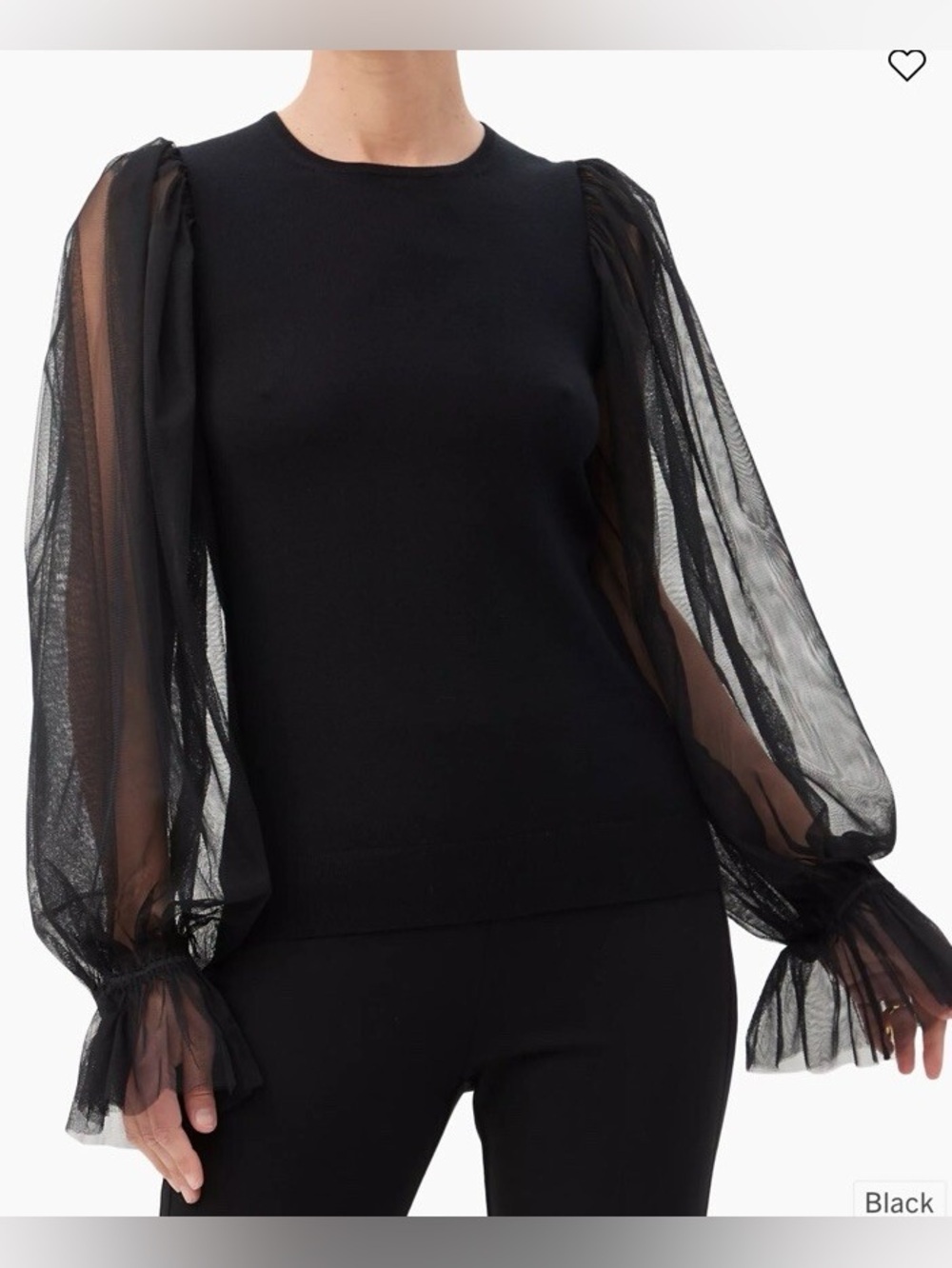 Trina Turk Rhea Semi Sheer Balloon Sleeve Merino Wool Knit Sweater Black Medium